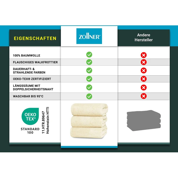 ZOLLNER Duschtücher 3er Set, natur, 70x140 cm, 100% Baumwolle – Bild 4