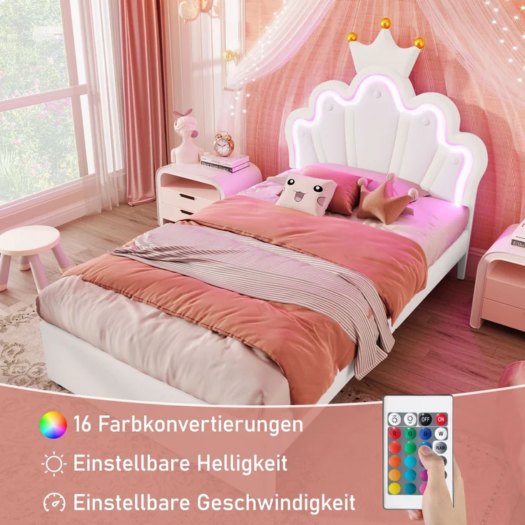 Merax Polsterbett, 90 x 200 cm, Ohne Matratze, Ferngesteuertes Ambientelicht, Bett mit 2 Schubladen, Prinzessinnenbett in Kronenform, Verstellbares Kopfteil, PU, Weiß – Bild 5