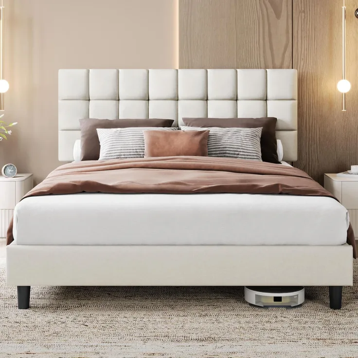 Yaheetech Bettgestell mit gepolstertem Kopfteil, Lattenrost aus Holz, quadratisches Kopfteil höhenverstellbar, modern, Beige, 160x200 cm