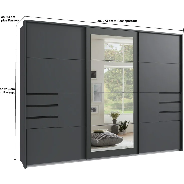 Schwebetürenschrank Kleiderschrank 273cm 3-trg. Passepartout Schubladen Spiegel Grafit – Bild 7