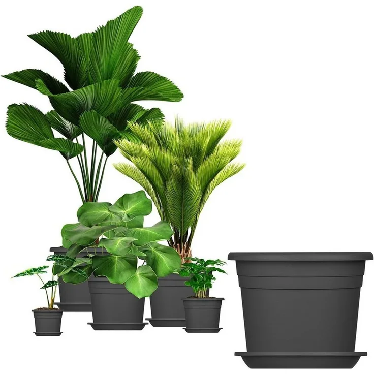 BigDean 5X Blumentopf Ø 20 cm Farbe Anthrazit & Untersetzer Kunststoff Pflanztopf Containertopf Übertopf Pflanzkübel rund 20 x 14,5 cm Blumentöpfe