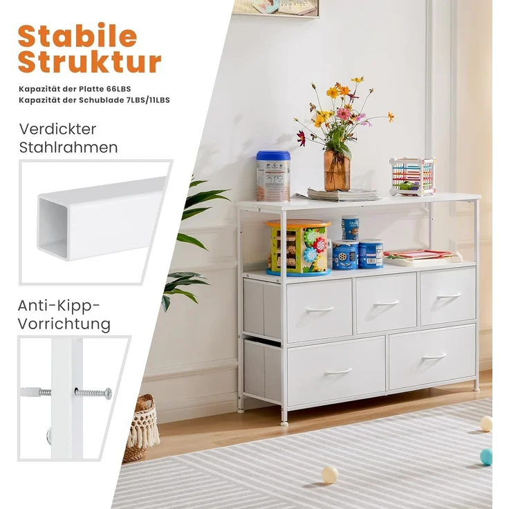 Sweetcrispy Kommode,TV Schrank Stand für Schlafzimmer mit 5 Stoffschubladen,Sideboard Wohnzimmer für 115cm TV,Einstellbare Füße Schubladenschrank,Komodenschrank für Schlafzimmer,Modernes Weiß – Bild 7