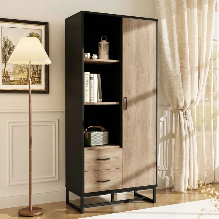 Moderner Highboard Schrank 80x40x180 cm – Holzoptik mit schwarzem Rahmen, mit Tür, 2 Schubladen & 3 offenen Fächern – Vielseitiger Stauraum für Wohnzimmer, Büro & Flur--Schwarz, Holz--80x40x180cm--YOUDENOVA – Bild 2