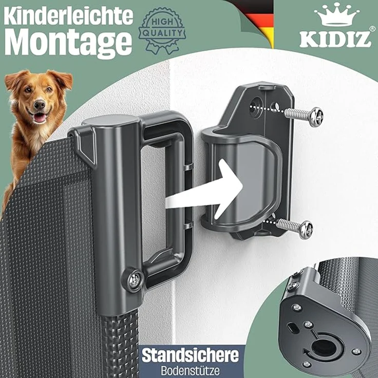 KIDIZ® Treppen- und Türschutzgitter, kindersicher für Babys & Haustiere, inkl. Bodenanker & Montagezubehör, Anthrazit, ausziehbar bis 140/180cm – Bild 5