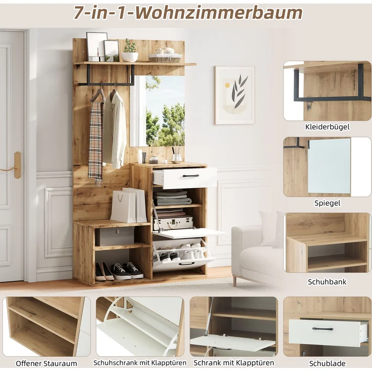 Faumrta 100*38.5*190cm Garderoben-Set mit Spiegel, Schuhbank, Schuhschrank, Flurschrank, Hängeschrankregal, Kompaktgarderobe, Mit 1 Schublade und 2 Schränken, viel Stauraum, Weiß + Original Holzfarbe100CM*38.5CM*190CMNaturalSpanplatte – Bild 9