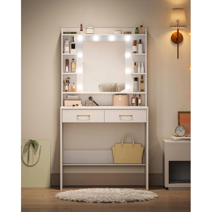 Schminktisch mit Spiegel, Schminktisch mit Ablageflächen und 2 Schubladen, für Schlafzimmer, Wohnzimmer, Verstellbare Helligkeit, 40 x 80 x 149 cm, Weiß – Bild 3