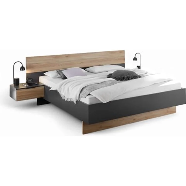 Stella Trading ASKA Stilvolle Doppelbett Bettanlage mit Nachtkommoden 180x200 cm - Schlafzimmer Komplett-Set in Graphit, Mauvella Eiche Optik - 285 x 95 x 205 cm (B/H/T) – Bild 2