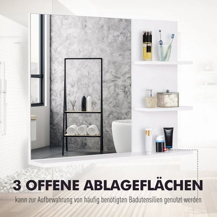 Kleankin Spiegel Badspiegel mit 3 Ablagen, Wandspiegel Badezimmerspiegel (Spiegelregal, 1-St, für Badezimmer), Weiß, 60 x 10 x 48 cm – Bild 3