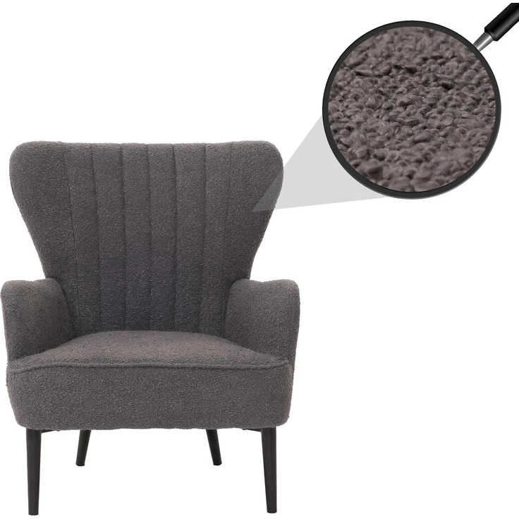 Lounge-Sessel HWC-K37, Cocktail-/Ohrensessel Polsterstuhl Retro Vintage Stoff Bouclé (600g/m²) Öko-Tex ~ dunkelgrau – Bild 1