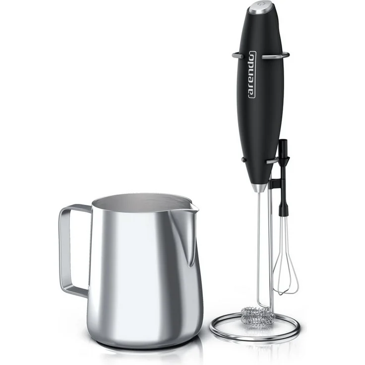 Arendo Milchkännchen mit Stab Milchaufschäumer elektrisch Handmilchaufschäumer + Milchkanne, 0,35 l, (1-St), Edelstahl, 350ml mit Messskala, Schneebesen und Dual-Quirl – Bild 1