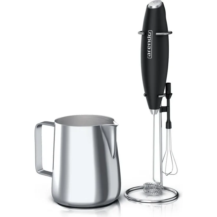 Arendo Milchkännchen mit Stab Milchaufschäumer elektrisch Handmilchaufschäumer + Milchkanne, 0,35 l, (1-St), Edelstahl, 350ml mit Messskala, Schneebesen und Dual-Quirl