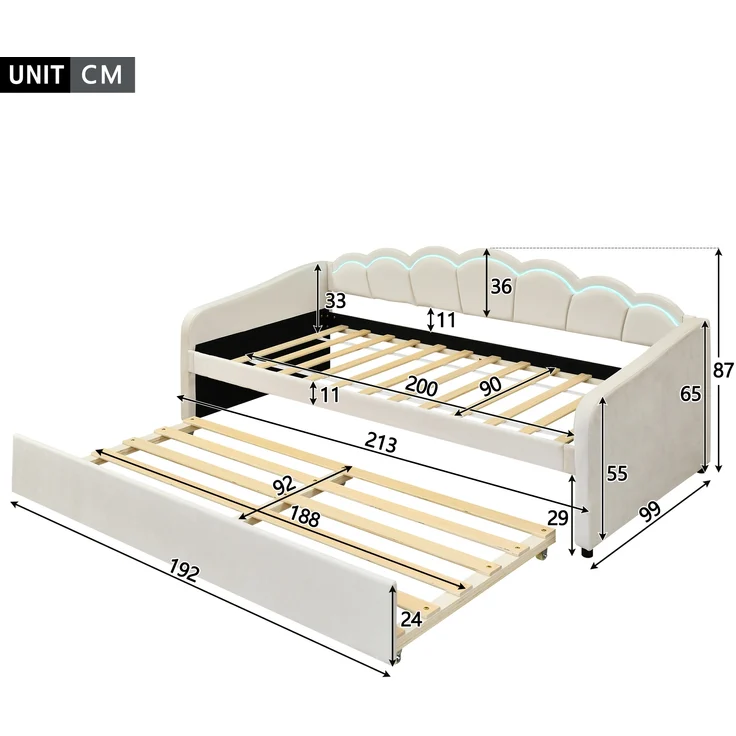 Daybed/Tagesbett mit ausziehbarem Bett & LED, Samt beige, 90x200 cm (ohne Matratze) – Bild 10
