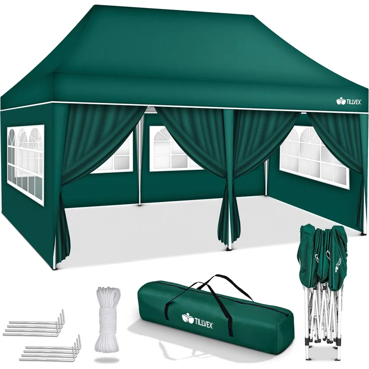 tillvex Pavillon 3x6m - mit 6 Seitenwänden Grün wasserdicht | Pop-Up Faltpavillon höhenverstellbar | Gartenzelt UV Schutz 50+ | Partyzelt mit Tasche für Garten – Bild 6