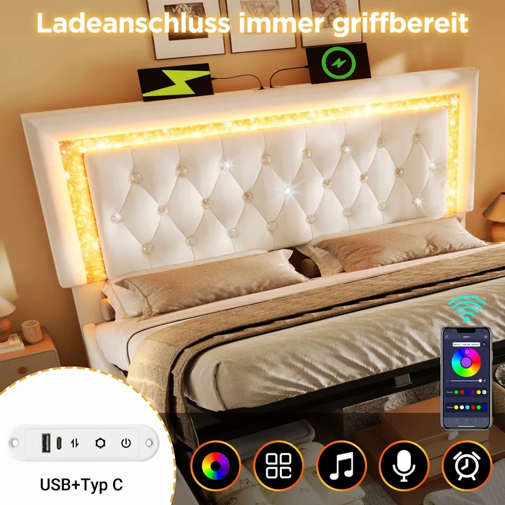 Polsterbett Doppelbett Samt mit LED-Diamantstreifen, USB & Type-C Ladestation, hydraulischem Stauraum Beige H 104 cm x T 209 cm x B 187 cm – Bild 9