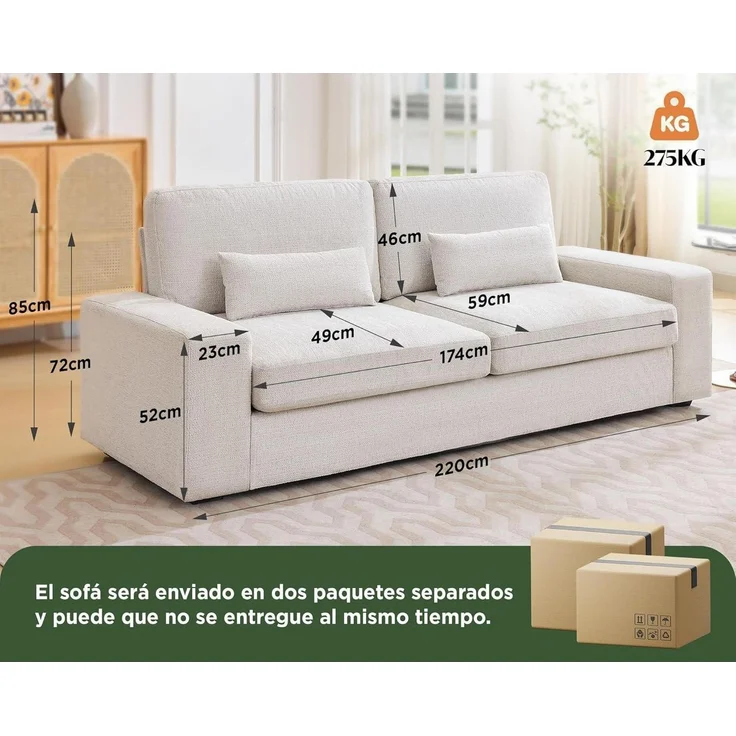 Sofa 220 cm 3-Sitzer 59 cm Sitztiefe Beige Chenille – Bild 2