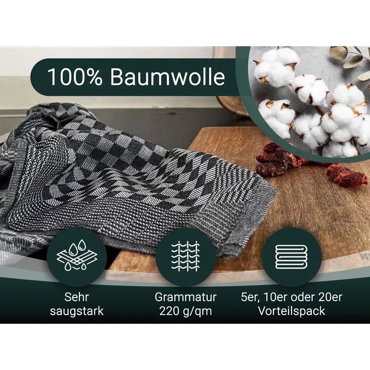 ZOLLNER 10er Set Geschirrtücher, 100% Baumwolle, 46x70 cm, saugstark, schwarz kariert – Bild 2