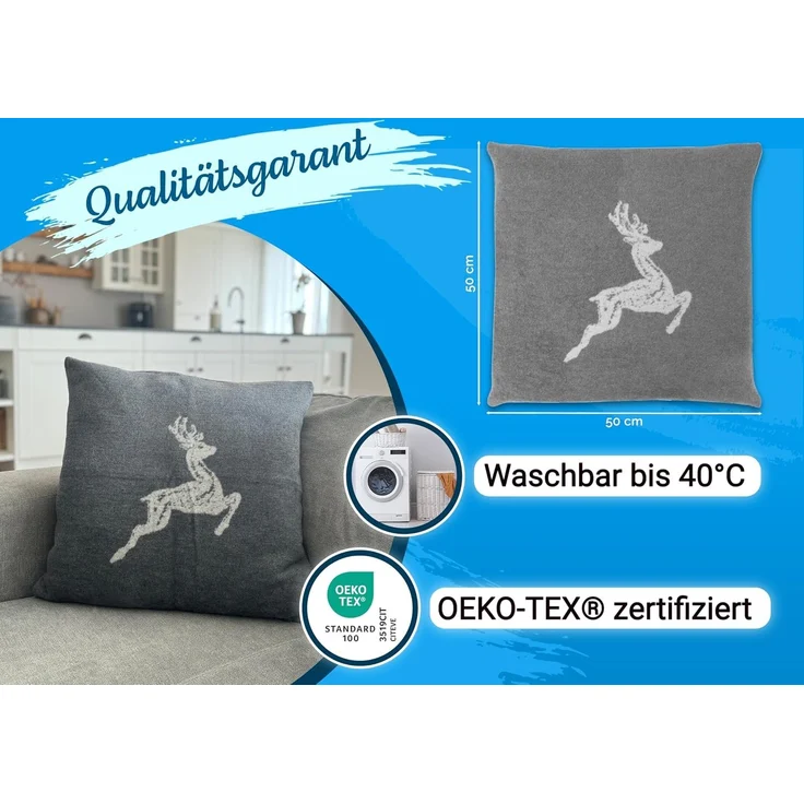 2er Set Wohnkissen-Bezug Hirschoptik 50x50 cm in Grau – Bild 5