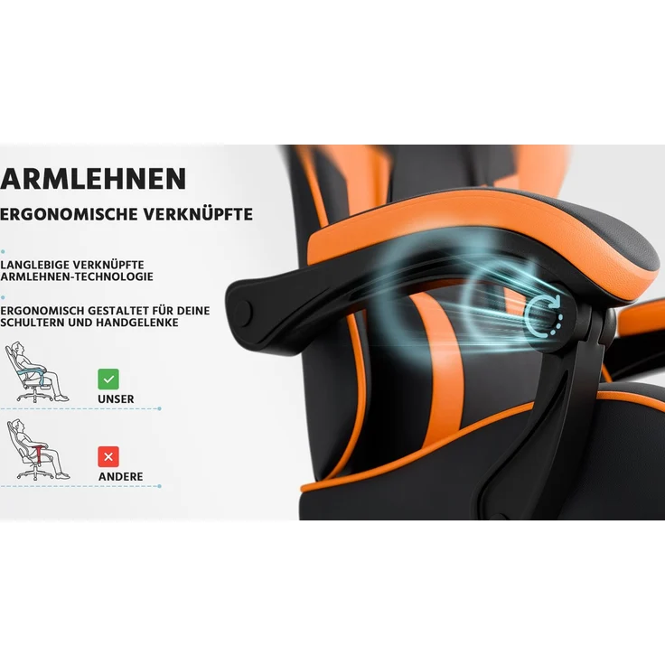 Gaming-Stuhl, PVC-Leder, ergonomisch, mit verstellbarer Rückenlehne & Fußstütze, 58,5x63x120,5 cm, Schwarz+Orange – Bild 4