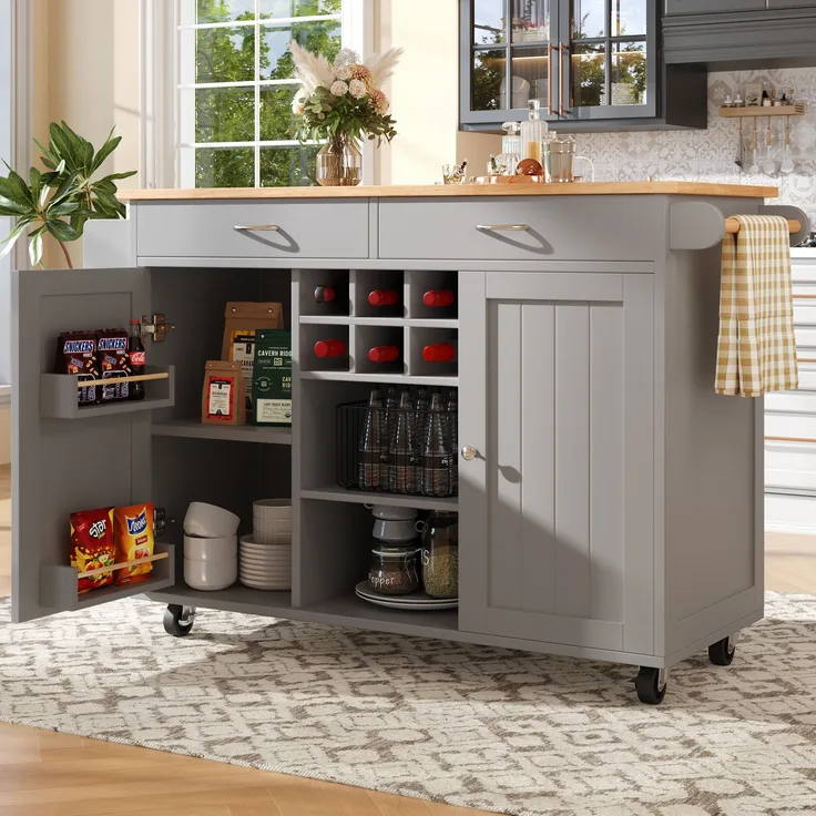 Kücheninsel Grau mit klappbarem Arbeitsbereich, multifunktionaler Esszimmerwagen, MDF-Tischplatte mit Holzmaserung, Zinkgriff,Weinregal und 360°Lenkrollen