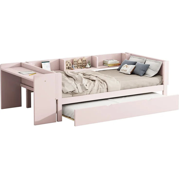 U-life Flachbett 90x200 cm Einzelbett Kinderbett Jugendbett mit Ausziehbett, Schreibtisch und 3 Regalen, Rosa – Bild 6
