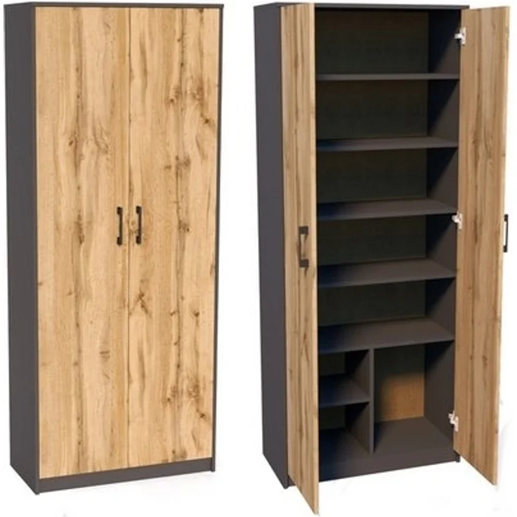 Home Collective Mehrzweckschrank mit 8 Fächern Besenschrank Haushaltsschrank (74 cm breit aus Laminatplatte und hochwertigen Polymergriffen) in mattem Finish mit 6 Einlegeböden und 2 Türen graphit Eiche – Bild 4