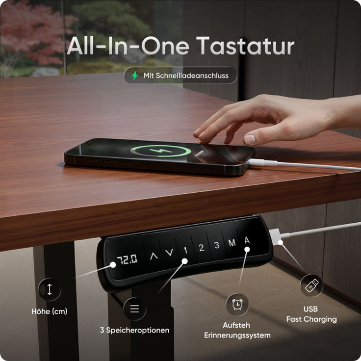 DESKSPACE Höhenverstellbarer Schreibtisch elektrisch mit leisem Dual-Motor – stabiles 4-Bein-Gestell (Schwarzes Gestell, Mahagoni Tischplatte, 120×60 cm) – Bild 7