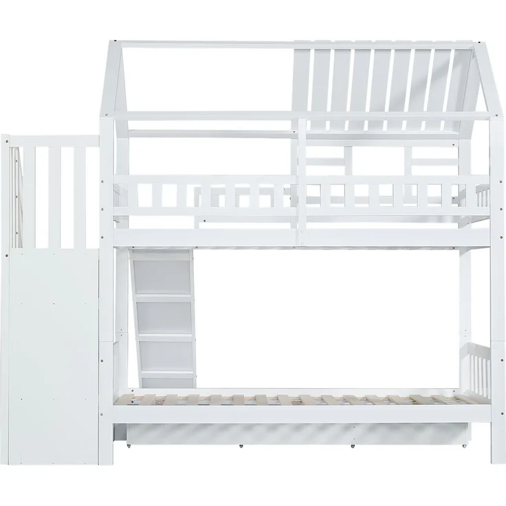 Etagenbett Hausbett 90x200 mit Treppe Stauraum Rutsche Schubladen Kinderbett Hochbett Spielbett Kiefernholz Weiß – Bild 9