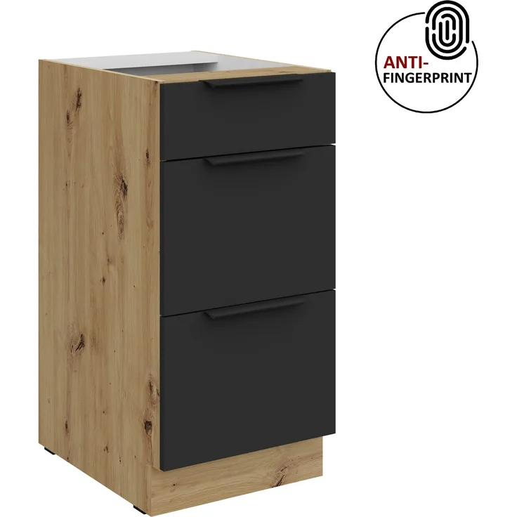 Küchen Unterschrank 40 cm Küche ARIA Schwarz ultra matt + Eiche Artisan matt, hochwertige Fronten mit Anti Fingerprint Beschichtung, Soft-Close Küchenzeile Küchenblock