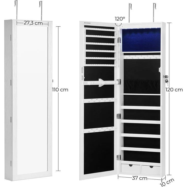 Schmuckschrank mit LED Beleuchtung und abschließbar, MDF weiß, JBC93W, 37 x 10 x 120 cm – Bild 6