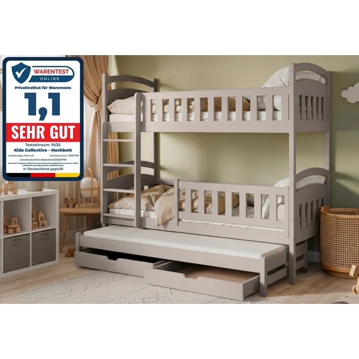 Kids Collective Etagenbett Hochbett Stockbett Kinderbett 90x200 cm mit Ausziehbett und Schubladen (Modell 2025, mit drei Matratzen inklusive), Umbaubar zu 3 Einzelbetten mit Lattenrosten & Rausfallschutz, Kaschmir – Bild 5