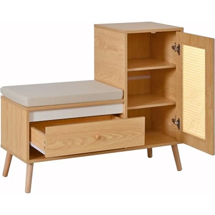 Rattan Garderobenbank mit Schuhschrank & Sitzpolster, Naturfarbe – Bild 4