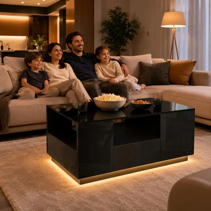 Makika LED Couchtisch mit Ablagefach und Schubladen, Holz schwarz, Hochglanz, 95 x 57 x 45 cm – Bild 3