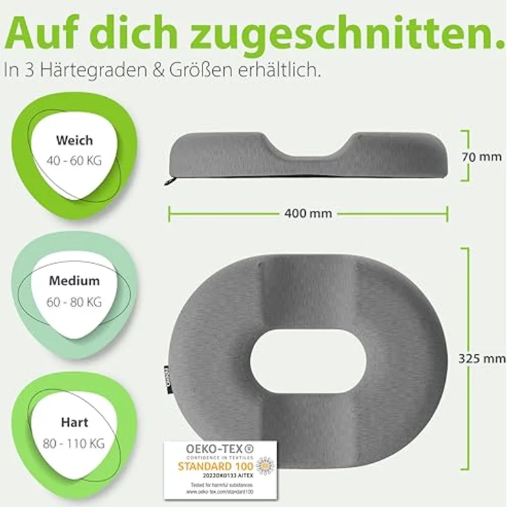 feela.® Orthopädischer Sitzring, 3 Härtegrade für Hämorrhoiden und postoperative Entlastung, rutschfeste Unterseite, abnehmbarer und waschbarer Bezug, weich – Bild 5