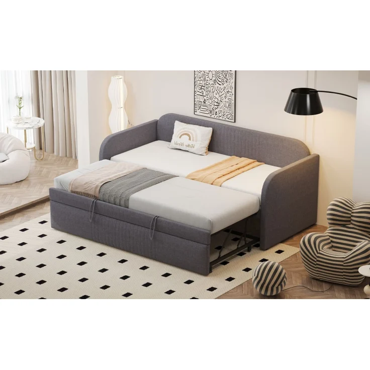 Polsterbett, Ausziehbares Schlafsofa mit vertikalen Streifen Lattenrost Multifunktionsbett Leinenstoff, Leinen, Grau, 90/180x190cm – Bild 9