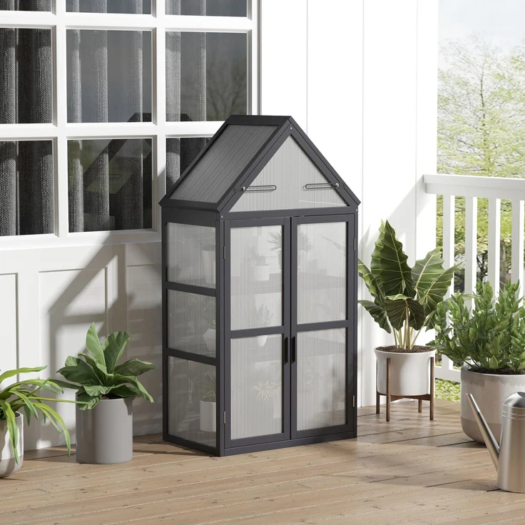MELAYR, Frühbeet Mini Gewächshaus 3 Ebenen Treibhaus Pflanzenbeet mit aufklappbarem Dach, 70.5 x 42 x 132 cm, Grau – Bild 4