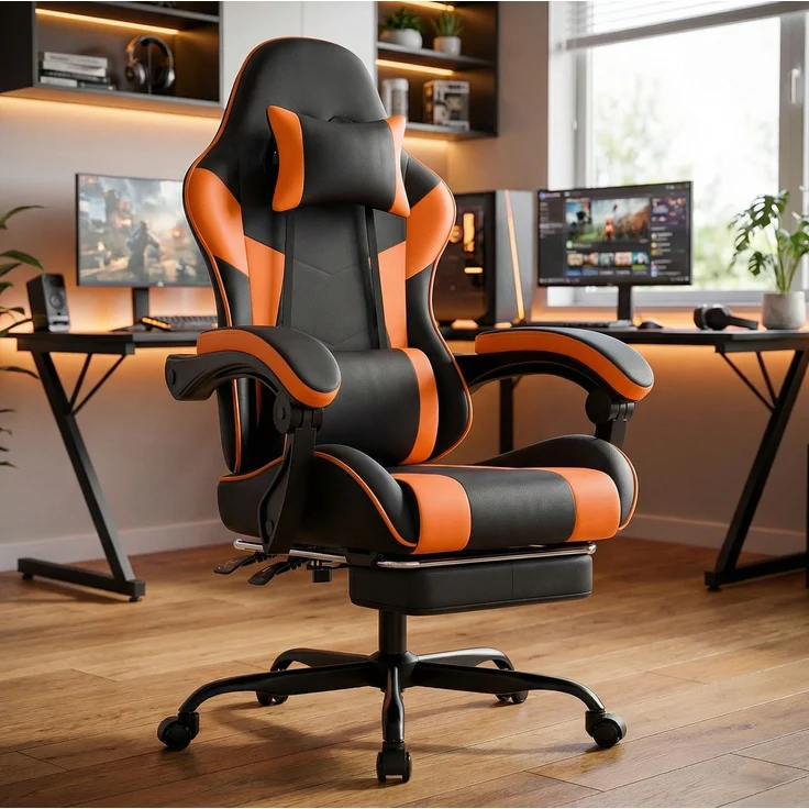 Gaming-Stuhl, PVC-Leder, ergonomisch, mit verstellbarer Rückenlehne & Fußstütze, 58,5x63x120,5 cm, Schwarz+Orange – Bild 1