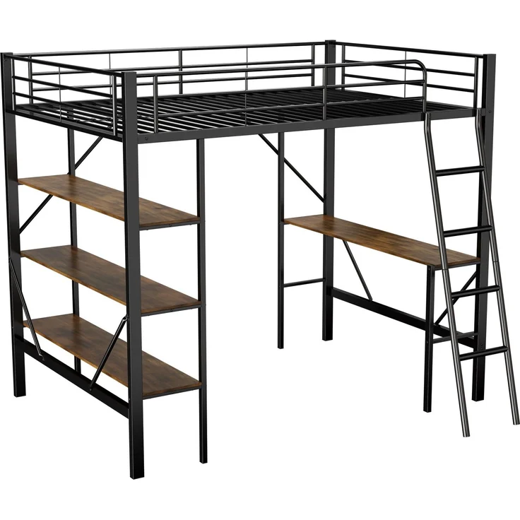 Merax 90 x 200cm Bettgestell Metallbett, Eisenbett, Hochbett mit Schreibtisch und drei großen Ablagen für Kinder, Jugendliche und Erwachsene, schwarz – Bild 10