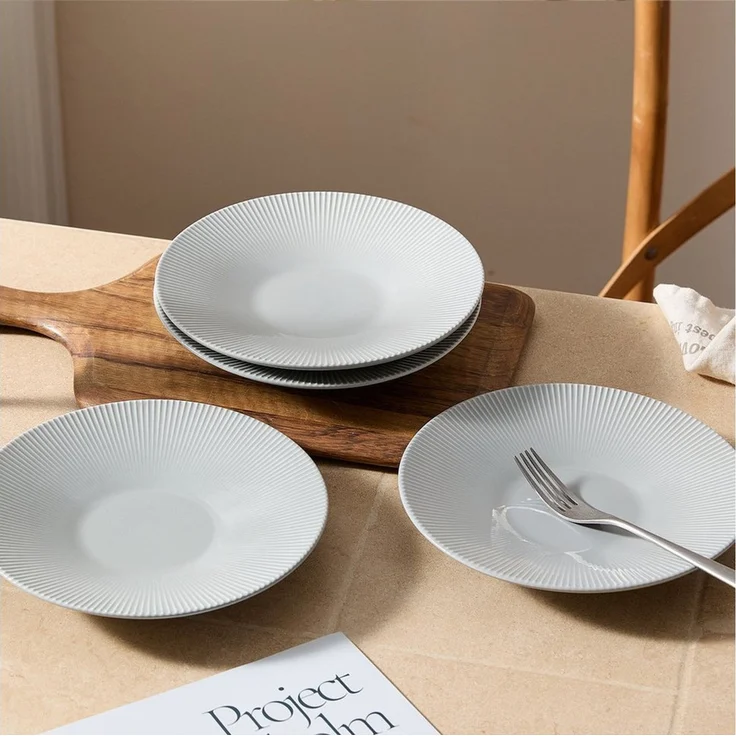 JIWOO Teller 4er Ø21,2cm, Pastateller Speiseteller Salatteller Dessertteller, (4 St), Keramik Plate Hochwertige Tellerset Grau Mikrowellen spülmaschinenfest – Bild 4