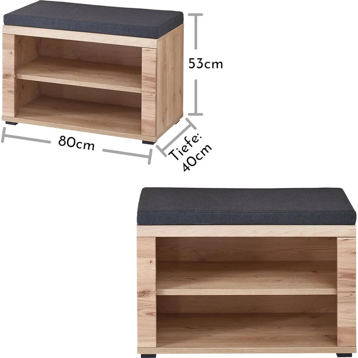 Garderobenbank Sonos , Echtholz, Holzwerkstoff, Polyester , Schwarz, Holzfarben , 80 x 53 x 40 cm – Bild 5