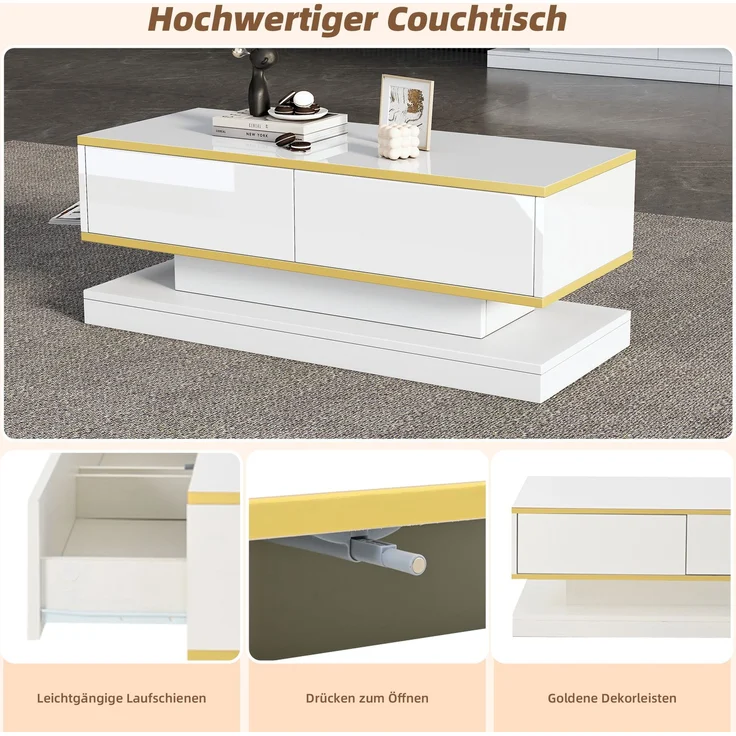 Merax Hochglanz-Couchtisch, Sofatisch mit 2 großen Schubladen, einzigartiger Wohnzimmertisch, warmweiß + goldener Rand kaffeetisch – Bild 6