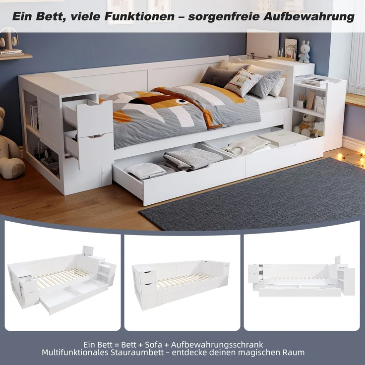 Merax Kinderbett, Daybett Stauraumbett 140x200 cm, Multifunktionales Stauraumbett mit Schubladen, Regalen und Stauschränken, mit Nachttischen, ohne Matratze, weiß – Bild 6