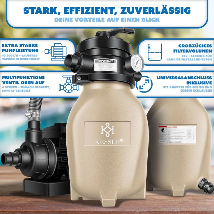 KESSER® Sandfilter Sandfilteranlage + 800g Filterbälle ersetzen 25kg Filtersand- Poolfilter 10 m³/h Filteranlage Filterkessel für Pool Schwimmbecken 4-Wege Ventil , einfache Steuerung Sand – Bild 7