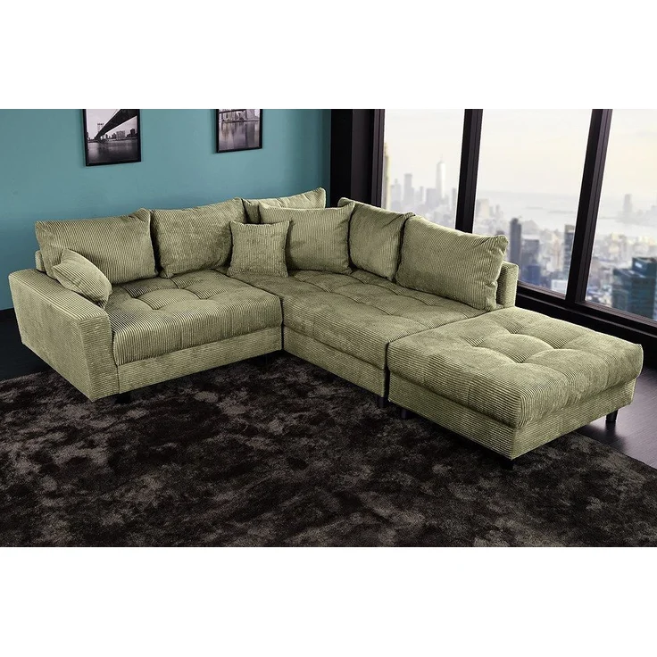 riess-ambiente Ecksofa KENT 220cm grün- Cord, L-Form, Federkern, m. Kissen, FSC-zertifiziert, Einzelartikel 1 Teile, Moderne Wohnlandschaft inkl. Hocker - ideal für Wohnzimmer u. Familien – Bild 1