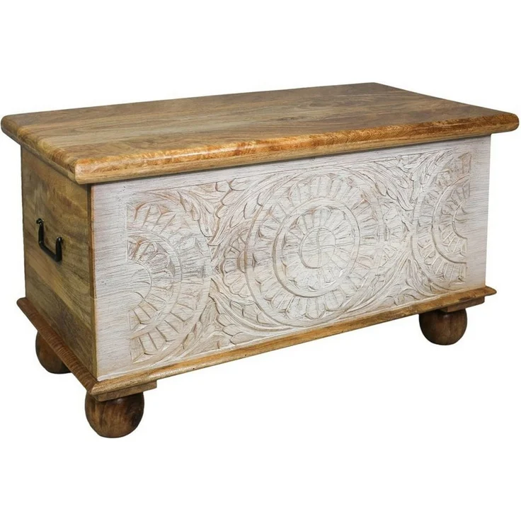 Oriental Galerie Truhe Indische Truhe Schnitzerei natur weiß 80 cm, Holztruhe, Couchtisch, Shabby Chic – Bild 2