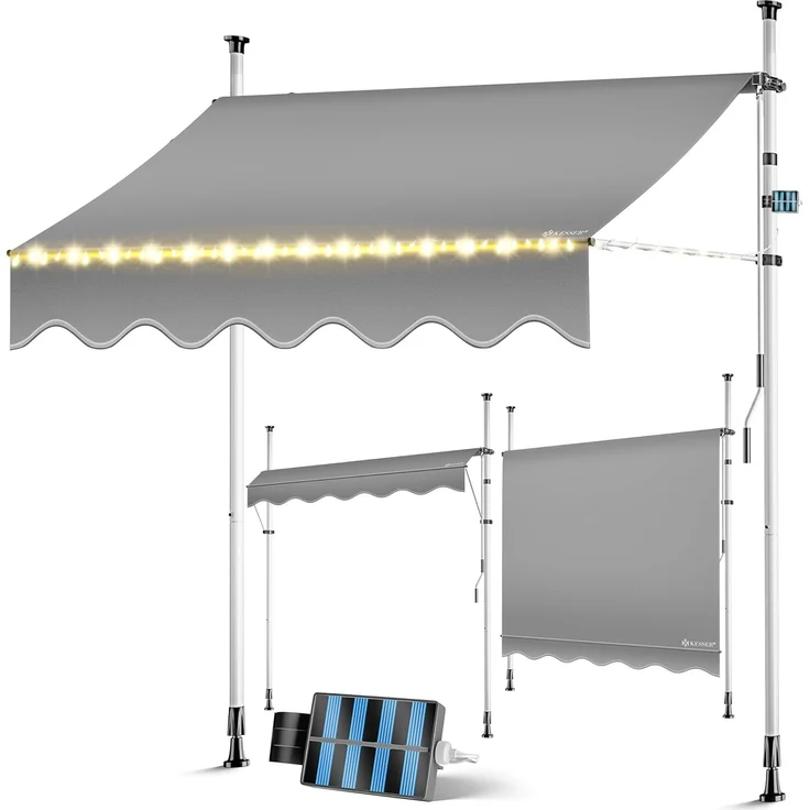 KESSER® Klemmmarkise mit Handkurbel & LED Lichterkette | Balkonmarkise ohne Bohren | Markise UV-beständig höhenverstellbar & wasserabweisend | Sonnenschutz für Balkon Terrasse & Garten Grau, 250cm