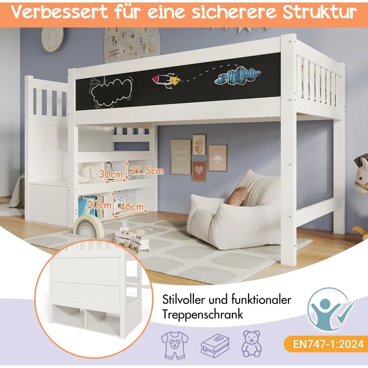 Bett 90x200 cm Hochbett mit Stauraum und Tafel – umbaubare Leiter, Lattenrost inklusive, Weiß – Bild 3