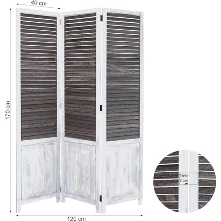Homestyle4u Paravent, 3-teiliger Raumteiler aus Holz, Weiß, 120x170 cm, Vintage-Look, zusammenklappbar – Bild 2