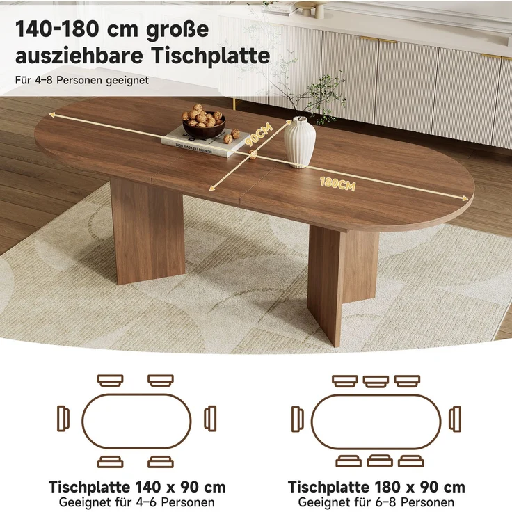 Ausziehbarer Esstisch 140/180x90 cm – Walnuss, MDF, abgerundete Ecken – Bild 6