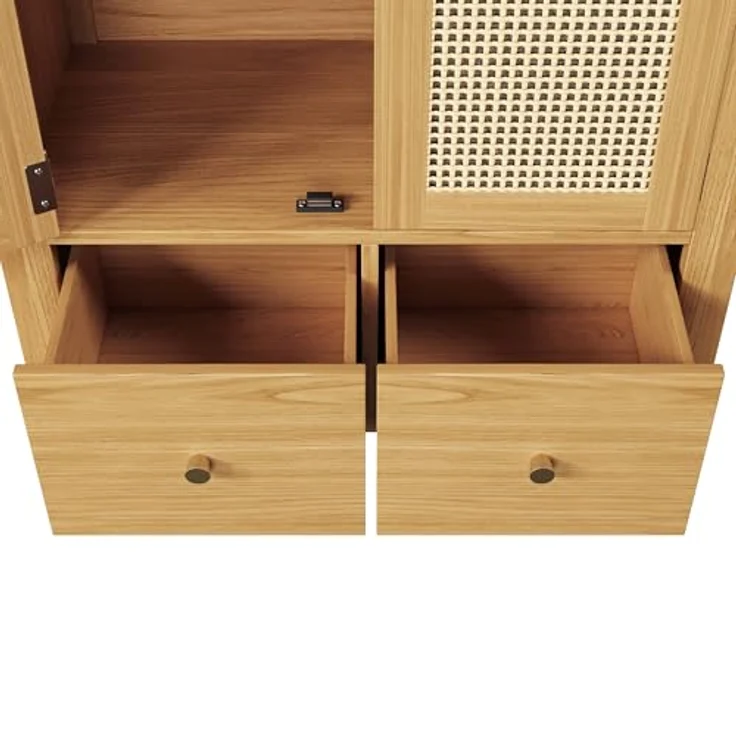 Arcus Gewölbter Kleiderschrank mit Rattan-Türen, 3 Staubereichen, 2 Schubladen für Schlafzimmer & Eingangsbereich (Naturfarbe) – Bild 12