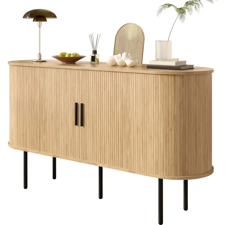 Merax Sideboard mit Rolljalousie-Türen, Aluminiumgriffen & Eisenbeinen – Vielseitiger Aufbewahrungsschrank für Wohnzimmer, Esszimmer & moderne Einrichtung, Holzfarbe – Bild 10